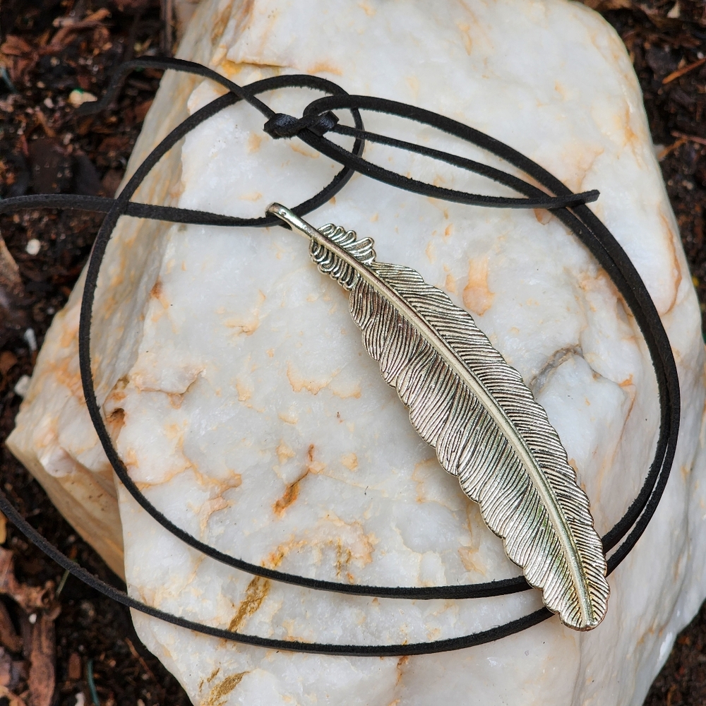 Johnny Was Jewelry Large Silver Pendant Feather Charm Black Cord Boho - Picture 6 of 12